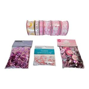 Baby Girl Shower Ribbon & Confetti 6 Rolls Ribbon & 3 Bags of Confetti
